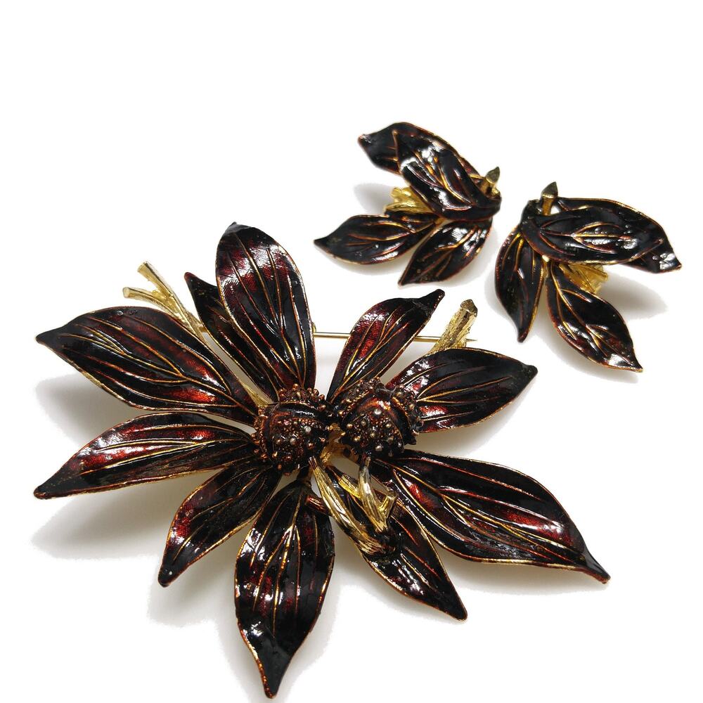 Vintage Brown Enamel Floral Brooch Clip Earrings, Gold Plated, 1960s